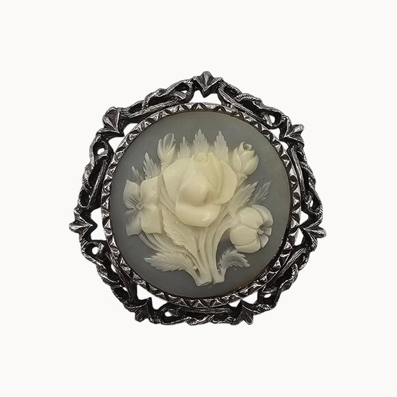 VTG Cameo Brooch BlueGray Resin Silver Tone Frame White Floral Antique Style Pin - Picture 1 of 15